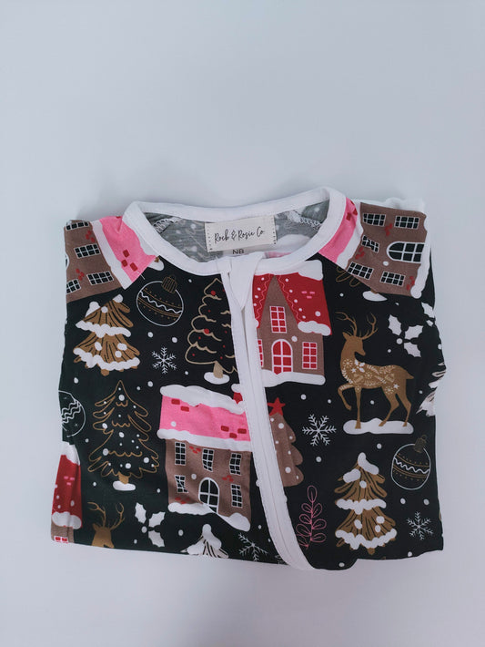 bamboo zip romper black and pink Christmas